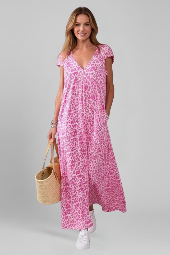 Women’s Dress with V Neck and Printed Surface