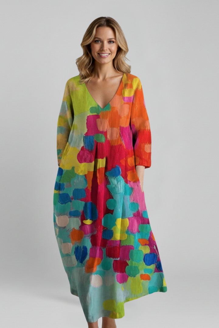 Women’s Dress with V Neckline and Printed Surface