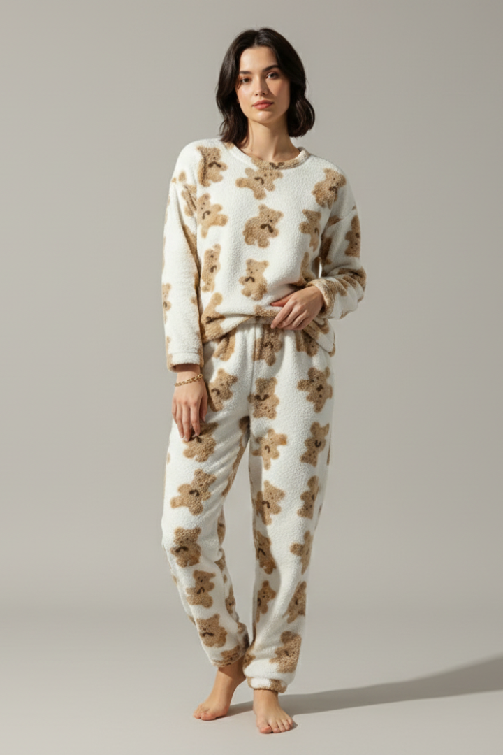 Women’s Fleece Pajama Set with Bear Print and Elastic Waist
