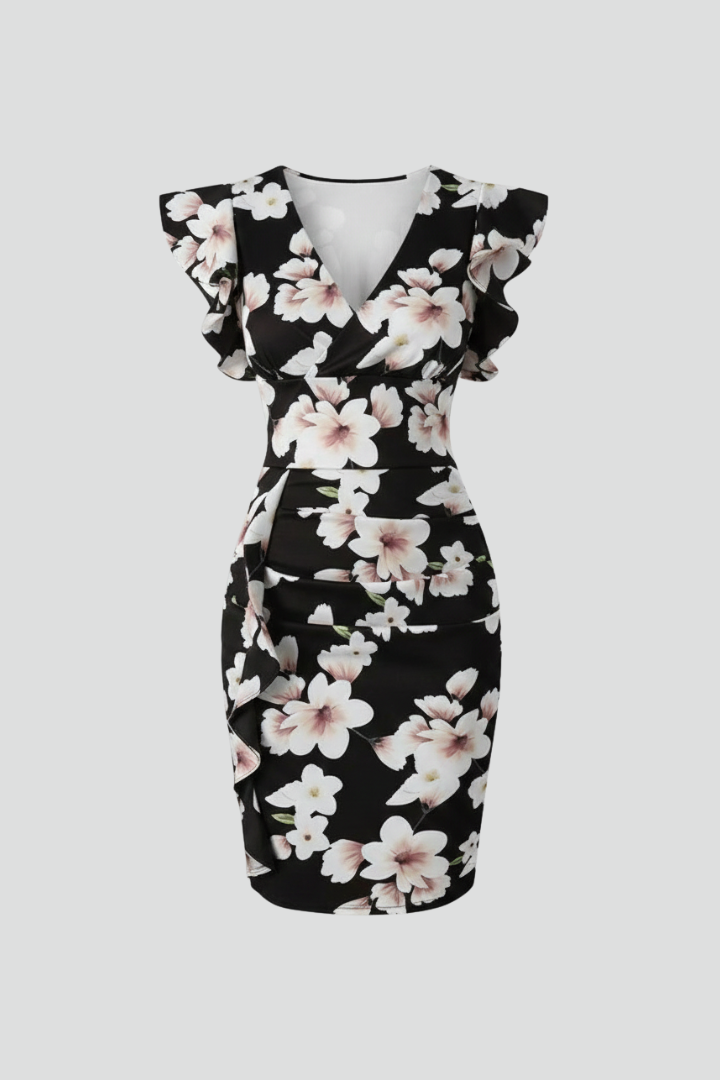 Women's Floral V-Neck Midi Dress with Ruffle Sleeves and Draping
