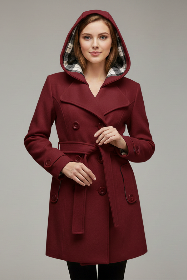 Women's Hooded Coat with Belt and Button Closure