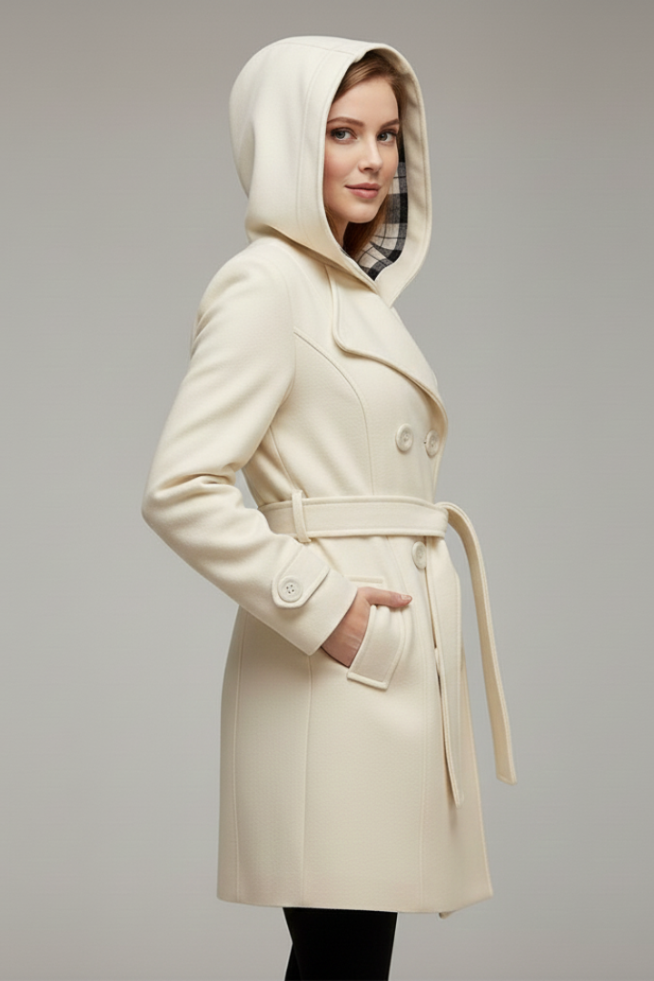 Women's Hooded Coat with Belt and Button Closure