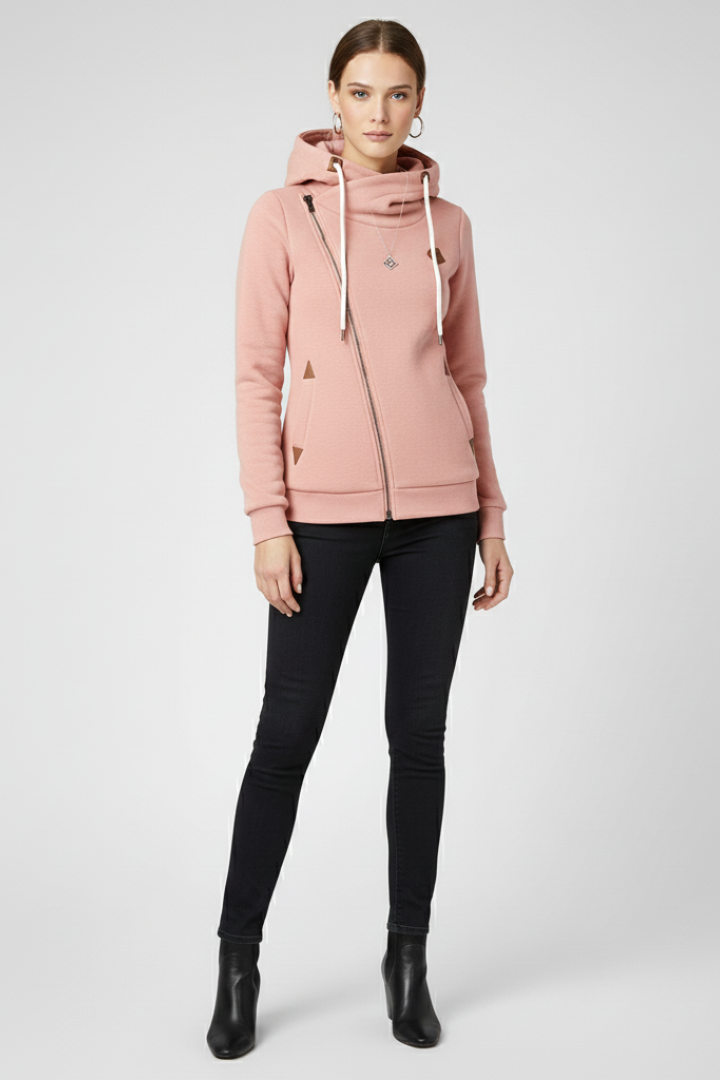 Women’s Hooded Jacket with Asymmetrical Zip and Drawstring Hood