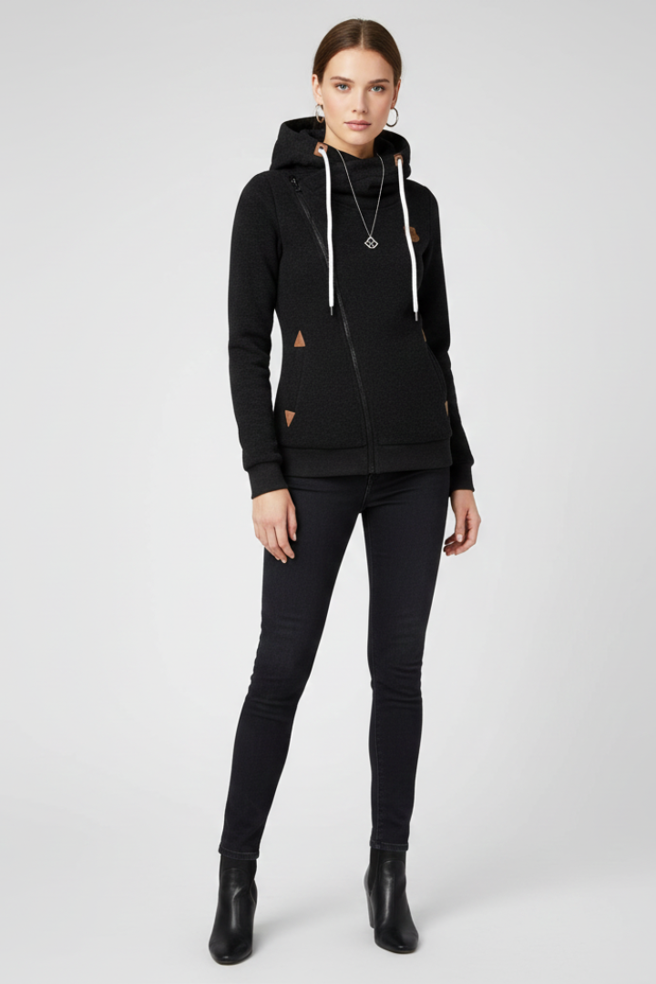 Women’s Hooded Jacket with Asymmetrical Zip and Drawstring Hood