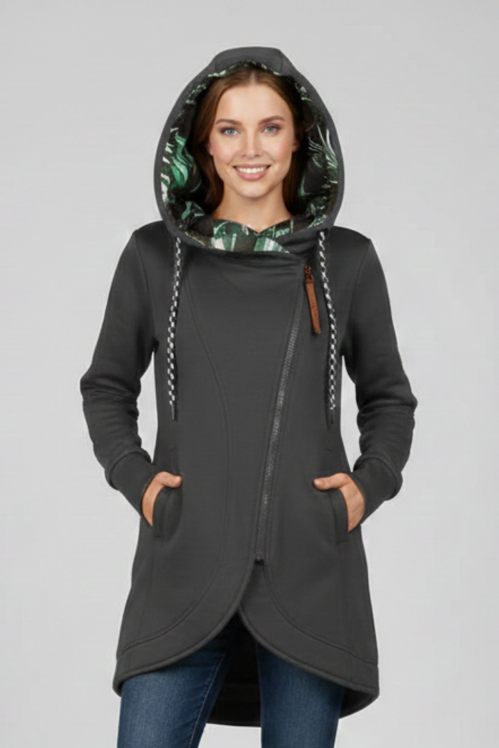Women’s Hooded Jacket with Asymmetrical Zip and Pockets