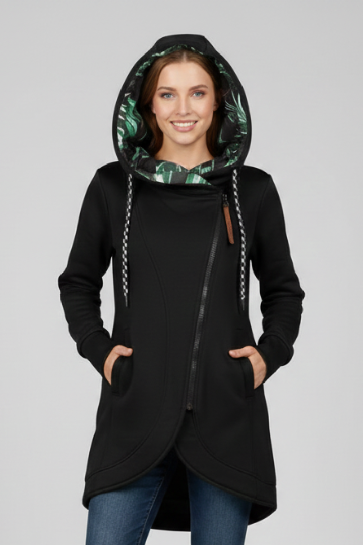 Women’s Hooded Jacket with Asymmetrical Zip and Pockets