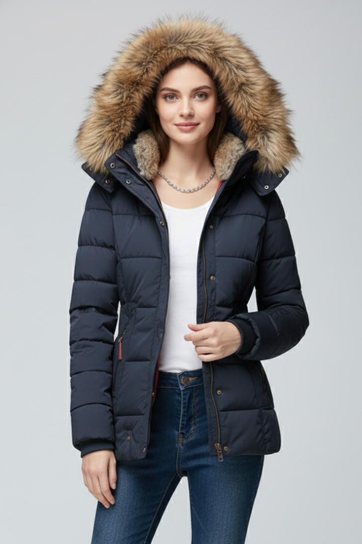 Women’s Hooded Jacket with Fur Trim and Padded Panels