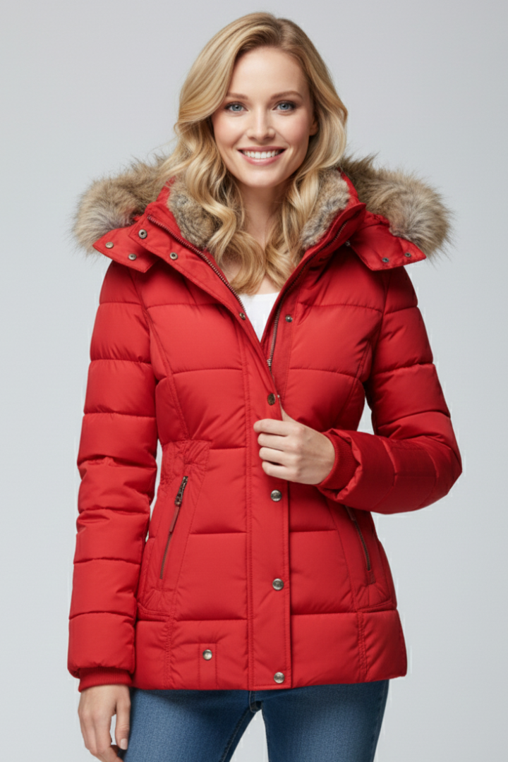 Women’s Hooded Jacket with Fur Trim and Padded Panels