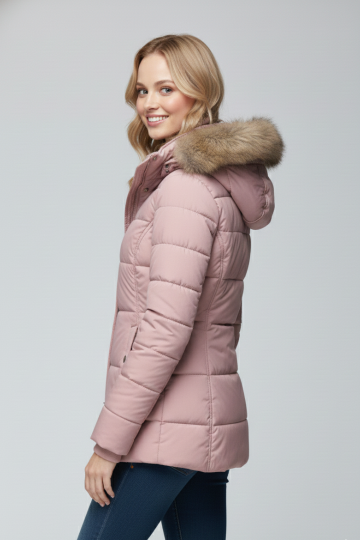 Women’s Hooded Jacket with Fur Trim and Padded Panels