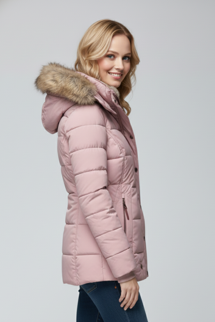 Women’s Hooded Jacket with Fur Trim and Padded Panels