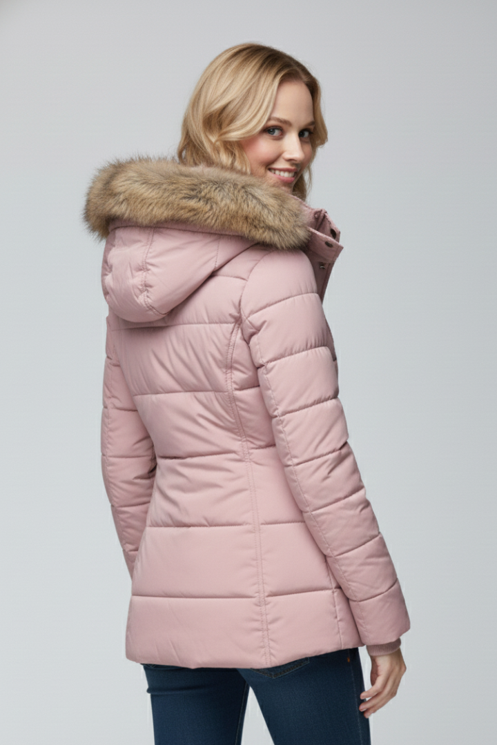 Women’s Hooded Jacket with Fur Trim and Padded Panels