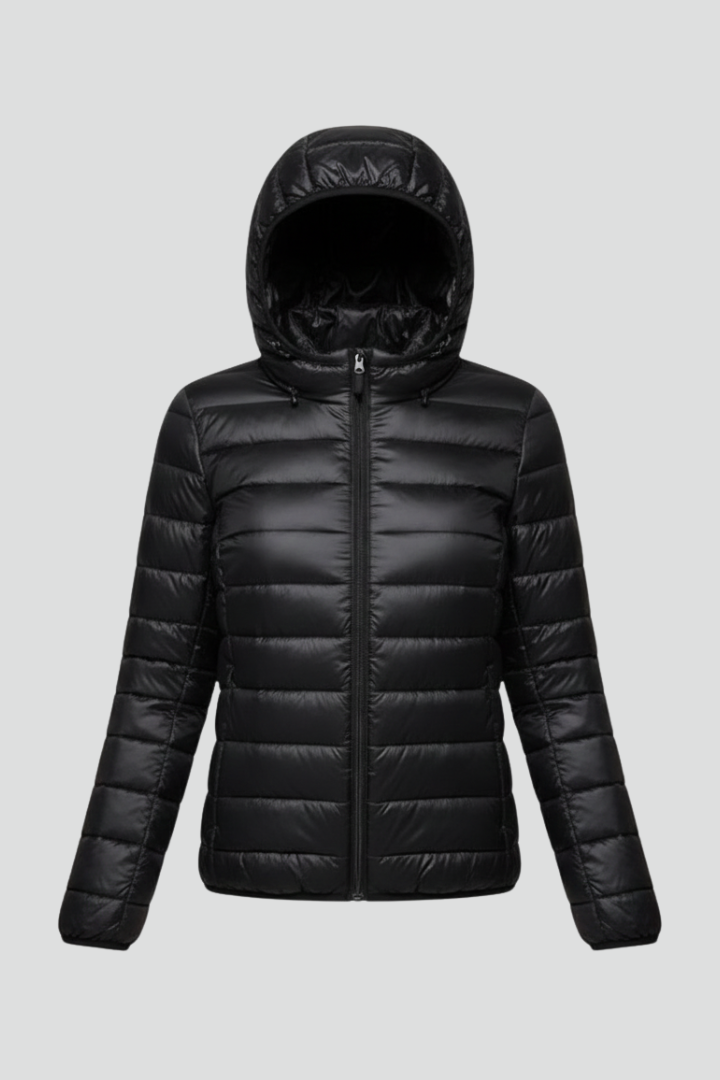 Women’s Hooded Jacket with Zip Fastening and Quilted Surface