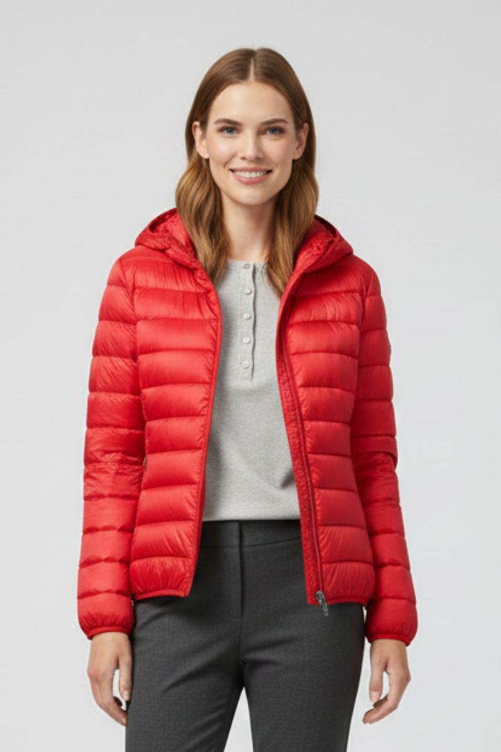 Women’s Hooded Jacket with Zip Fastening and Quilted Surface