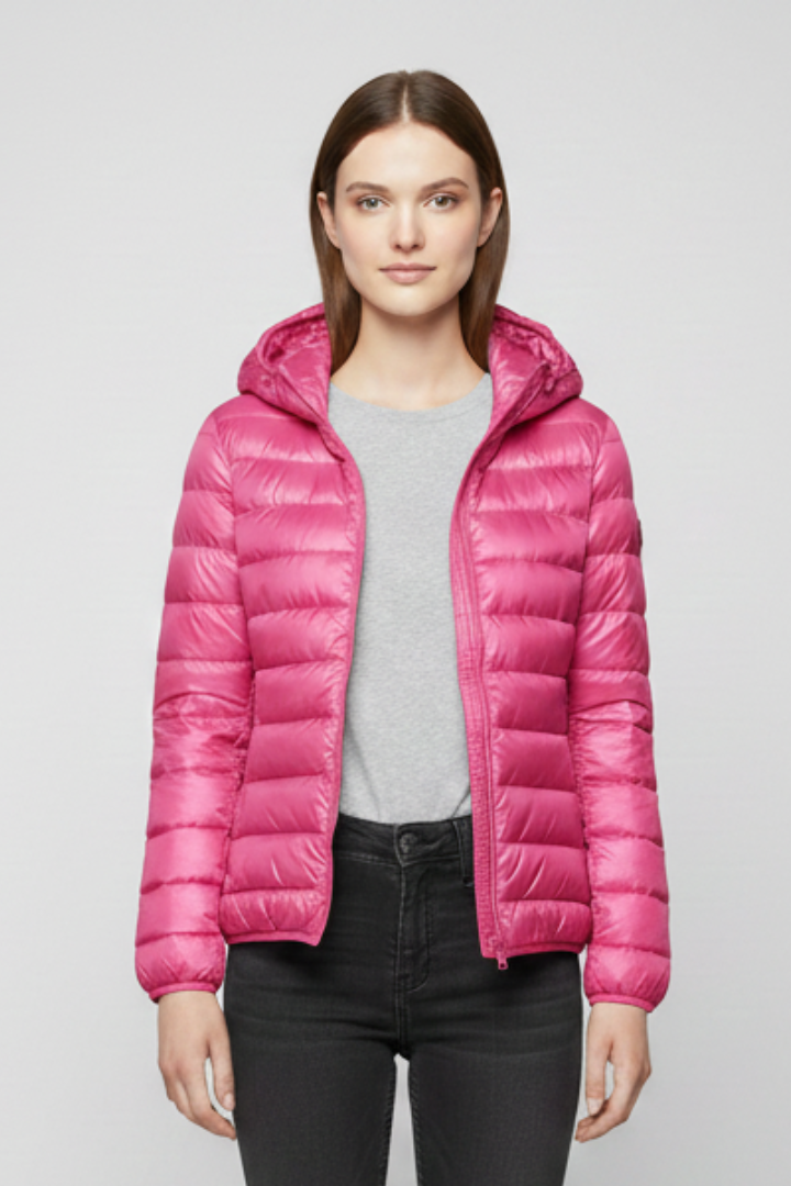 Women’s Hooded Jacket with Zip Fastening and Quilted Surface