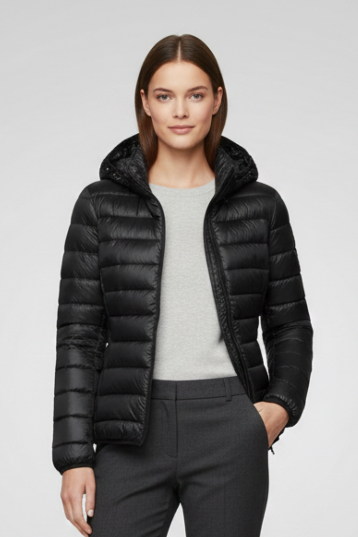 Women’s Hooded Jacket with Zip Fastening and Quilted Surface