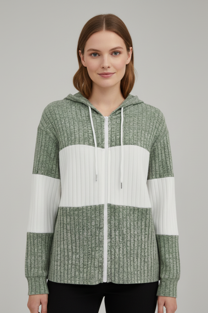 Women’s Hooded Jacket with Zipper and Ribbed Panels
