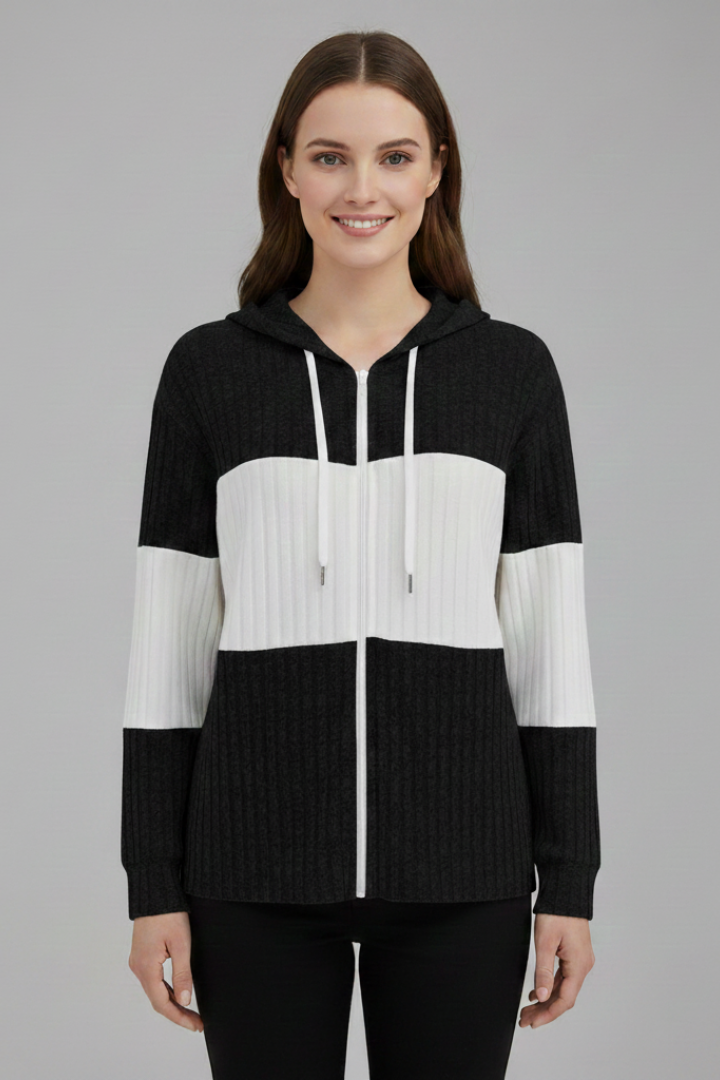 Women’s Hooded Jacket with Zipper and Ribbed Panels