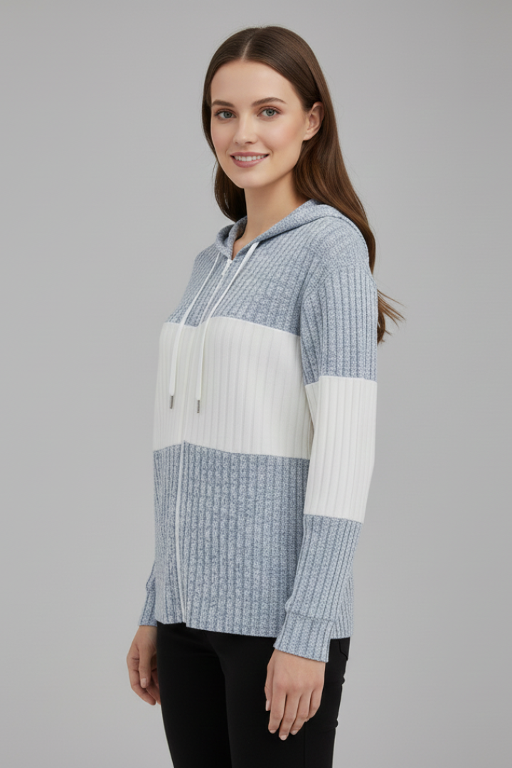 Women’s Hooded Jacket with Zipper and Ribbed Panels