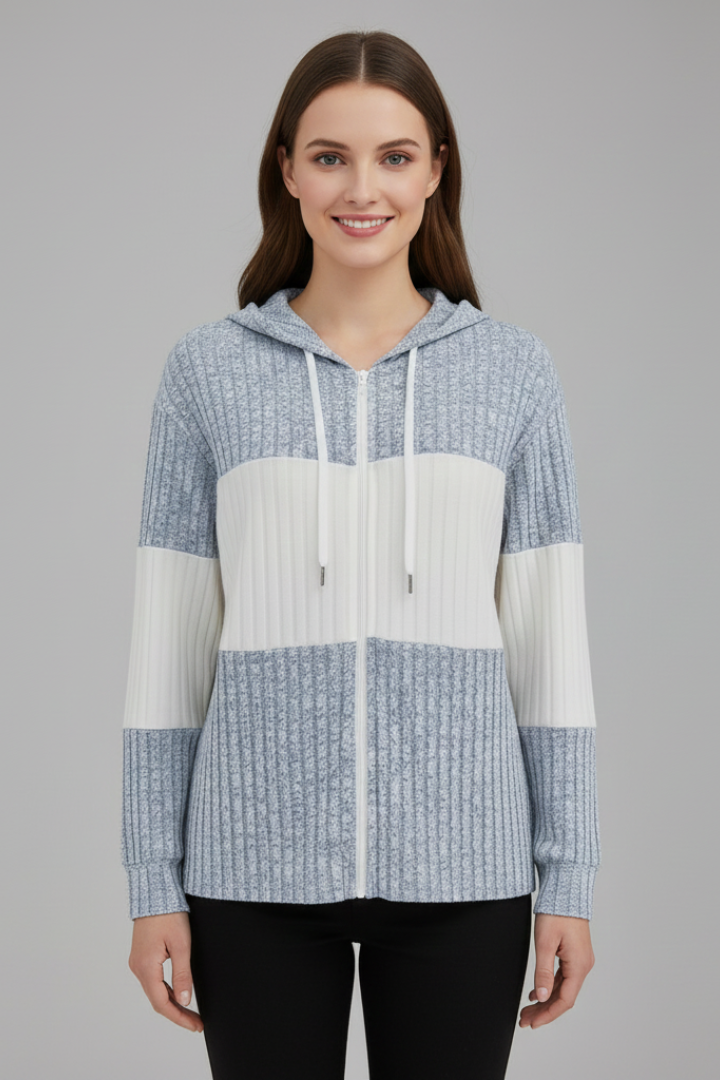 Women’s Hooded Jacket with Zipper and Ribbed Panels