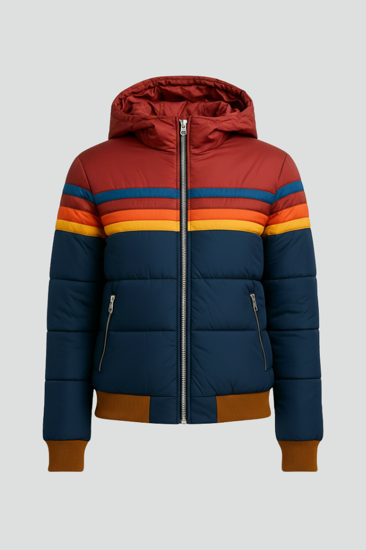 Women’s Hooded Puffer Jacket with Front Zip and Striped Surface
