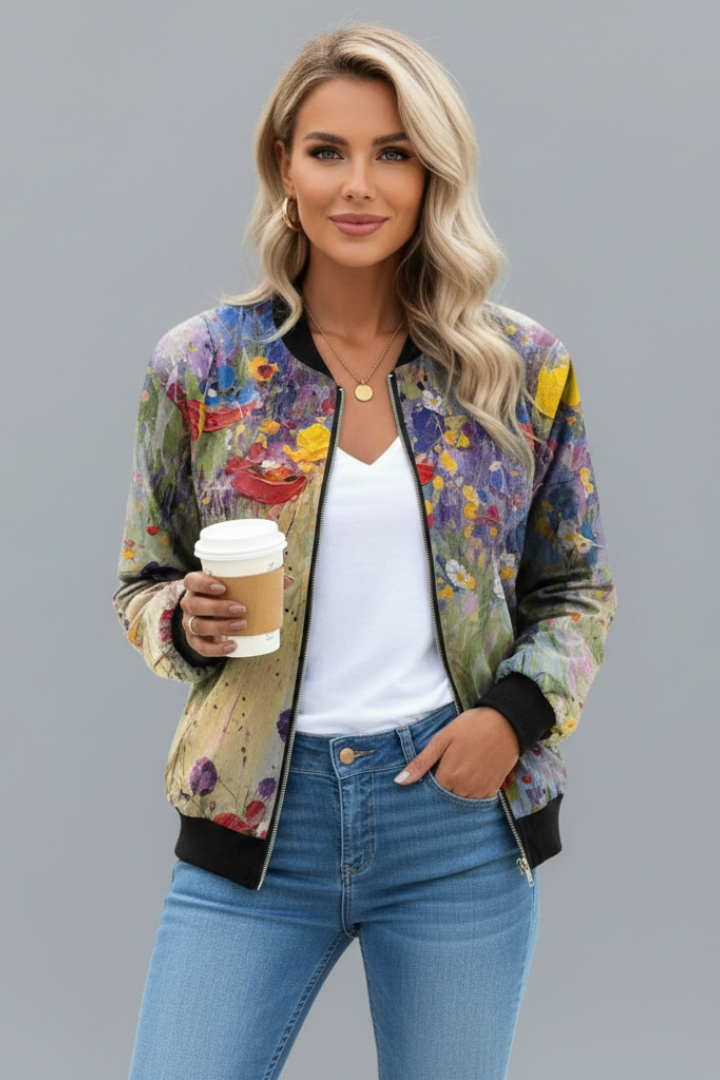 Women’s Jacket with Zip and Floral Pattern