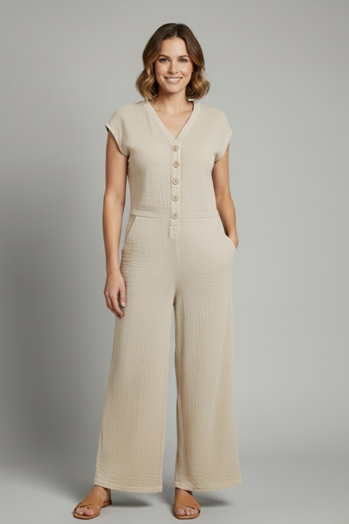 Women’s Jumpsuit with Button Placket and Wide Legs