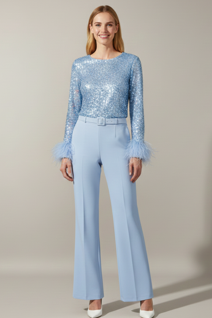 Women’s Jumpsuit with Sequin Top and Feather-Trimmed Cuffs