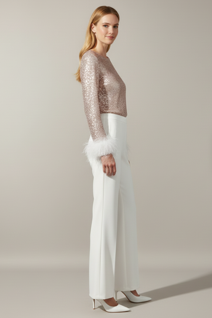Women’s Jumpsuit with Sequin Top and Feather-Trimmed Cuffs