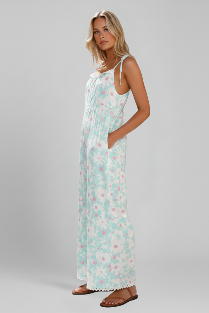Women’s Jumpsuit with Square Neckline and Printed Surface