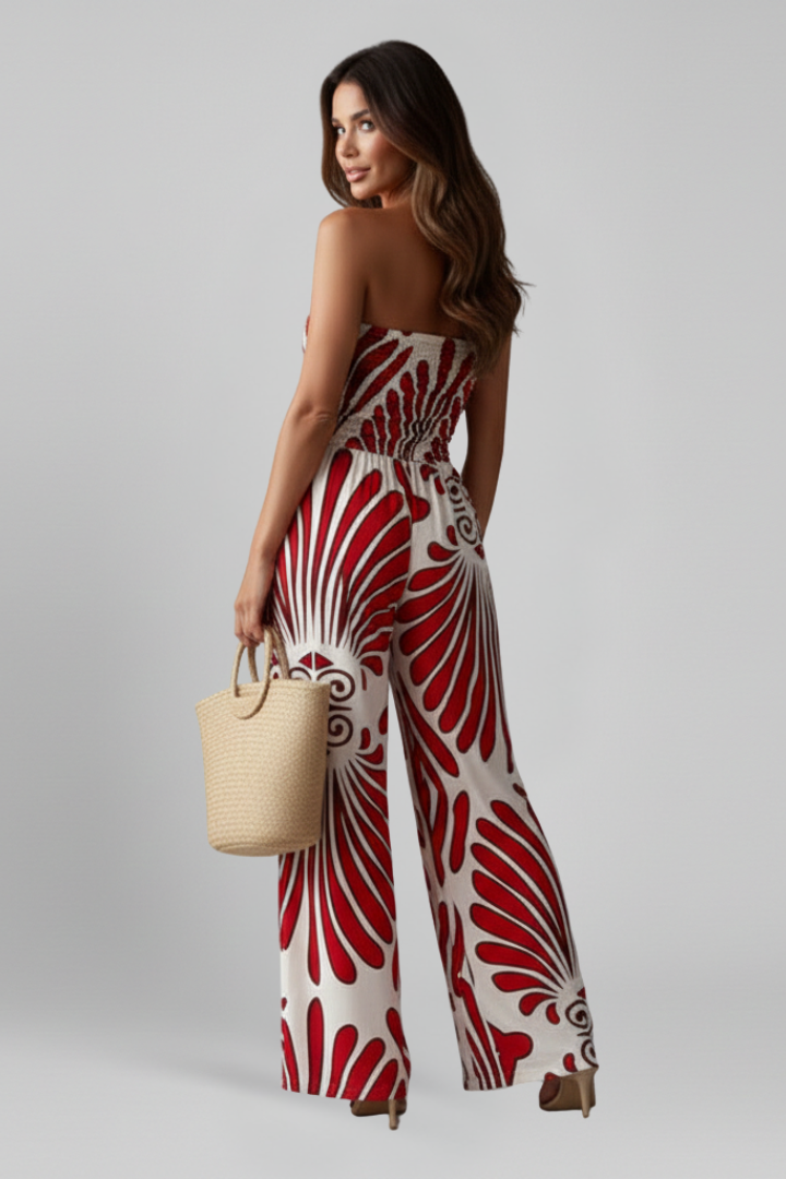 Women’s Jumpsuit with Strapless Neckline and Printed Surface