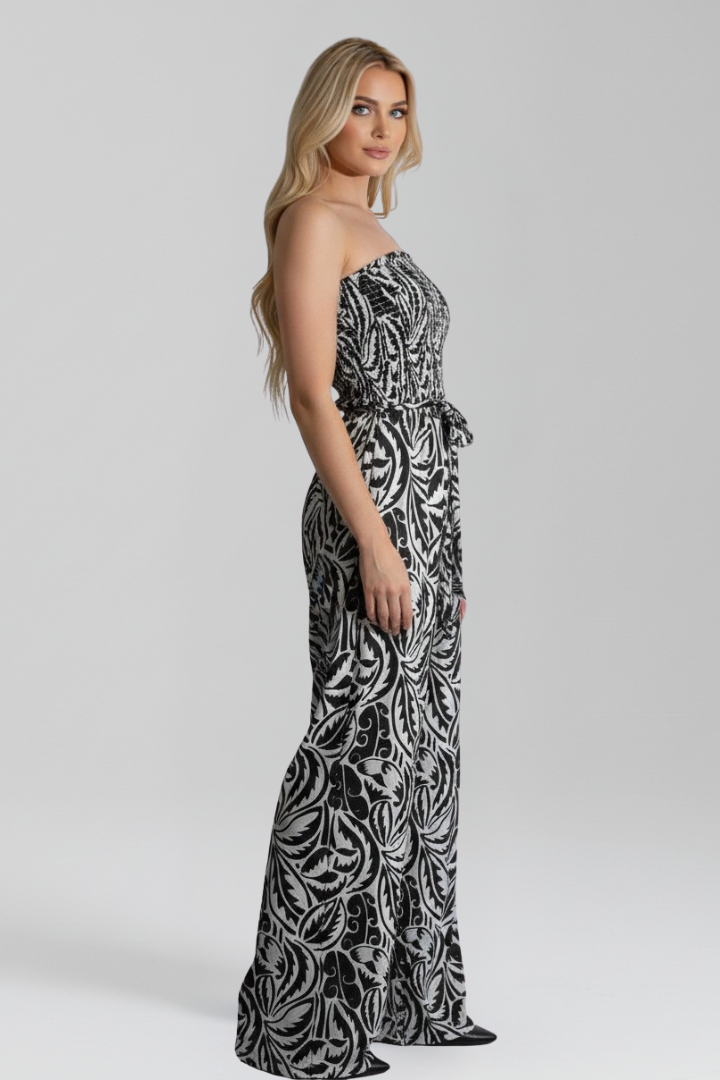 Women’s Jumpsuit with Strapless Neckline and Printed Surface