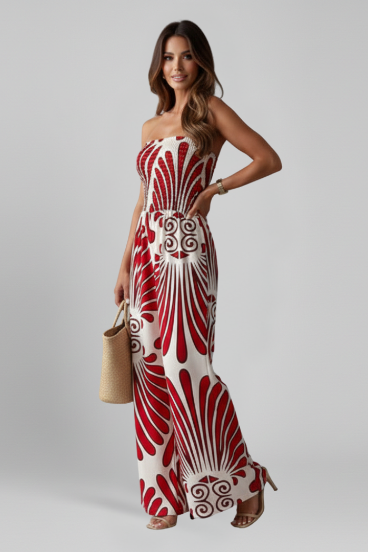 Women’s Jumpsuit with Strapless Neckline and Printed Surface