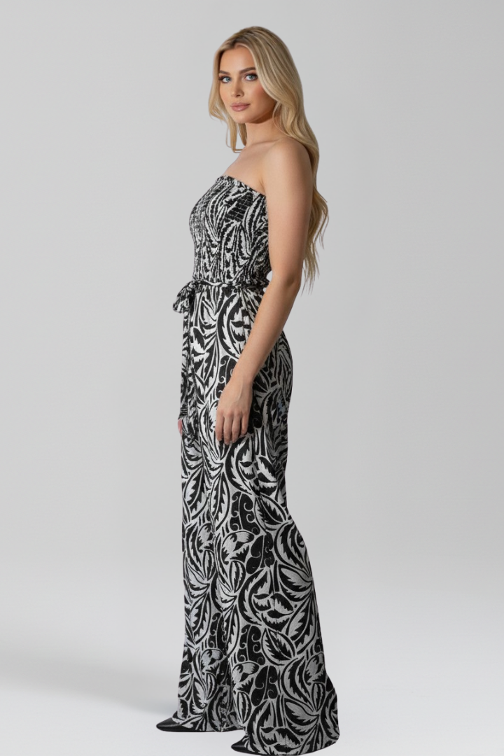 Women’s Jumpsuit with Strapless Neckline and Printed Surface