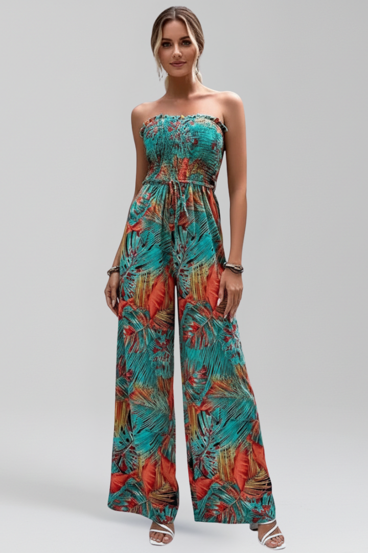 Women’s Jumpsuit with Strapless Neckline and Printed Surface