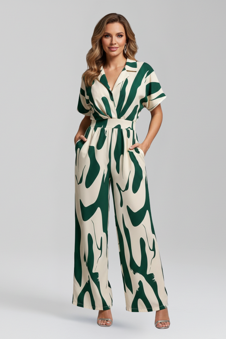 Women’s Jumpsuit with V Neckline and Short Sleeves