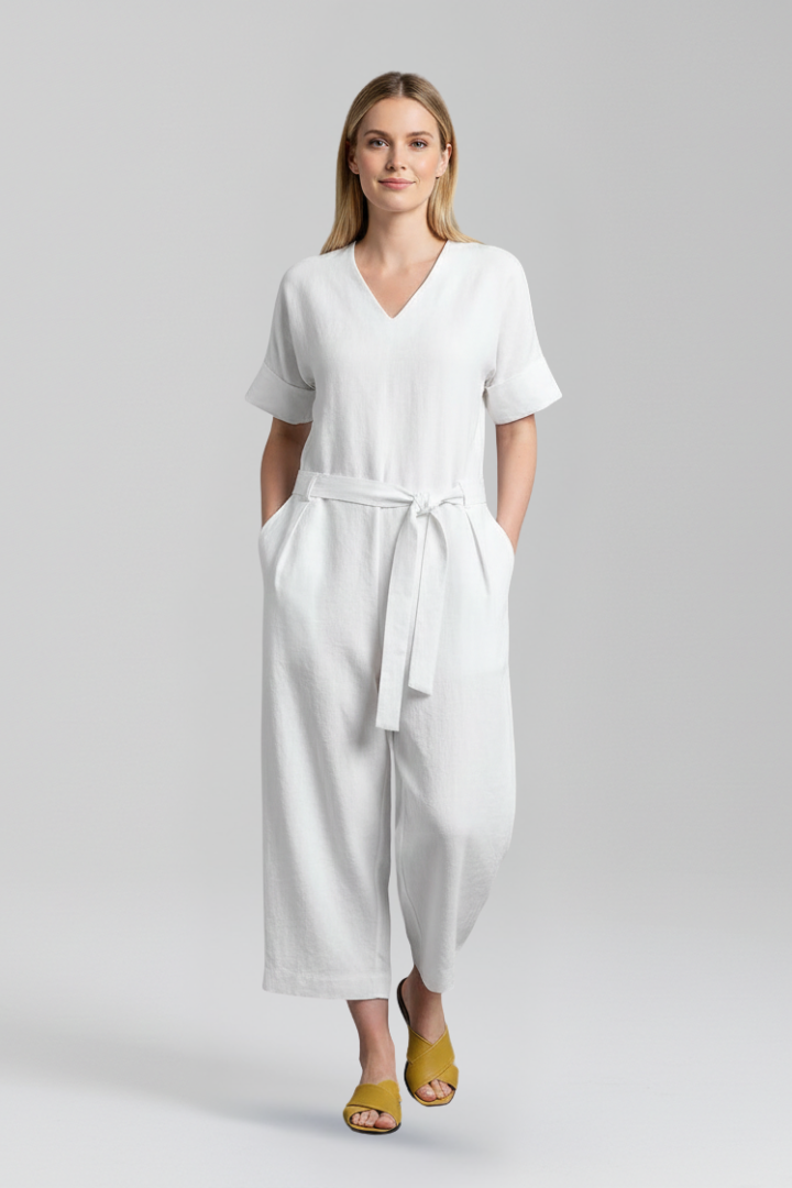 Women’s Jumpsuit with V Neckline and Waist Tie