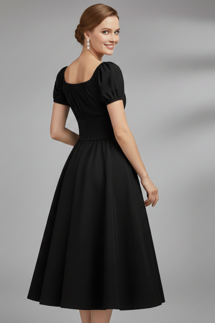 Women’s Knee-Length Dress with Square Neck and Puff Sleeves