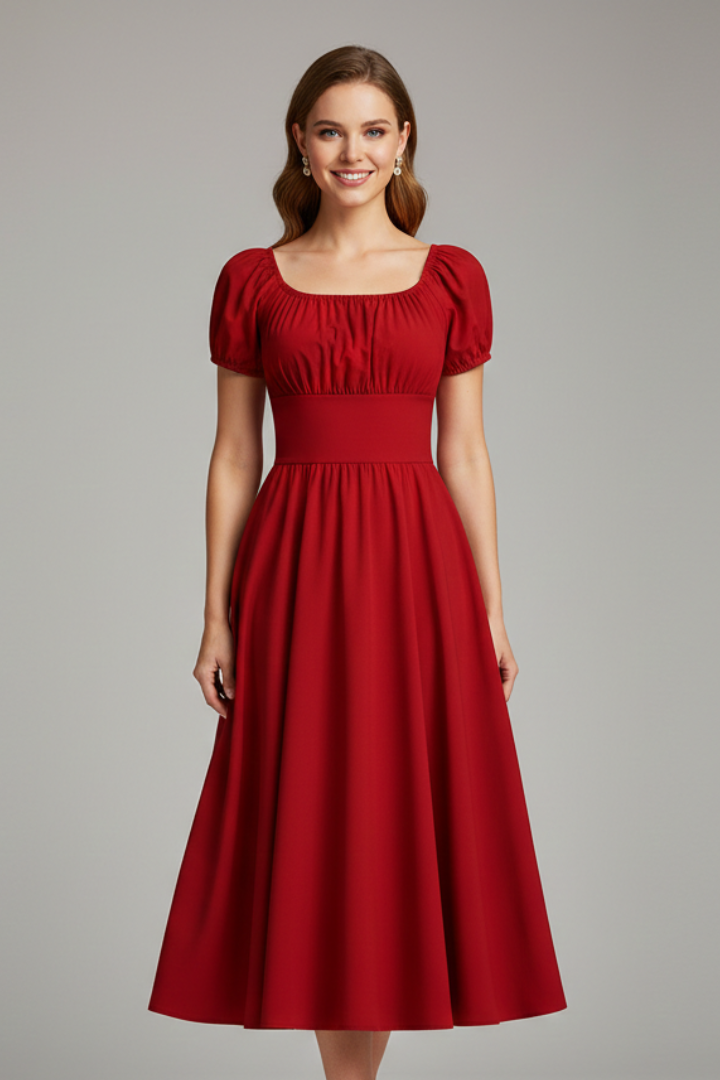 Women’s Knee-Length Dress with Square Neck and Puff Sleeves