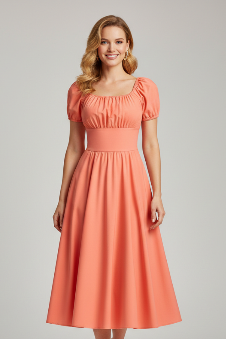 Women’s Knee-Length Dress with Square Neck and Puff Sleeves