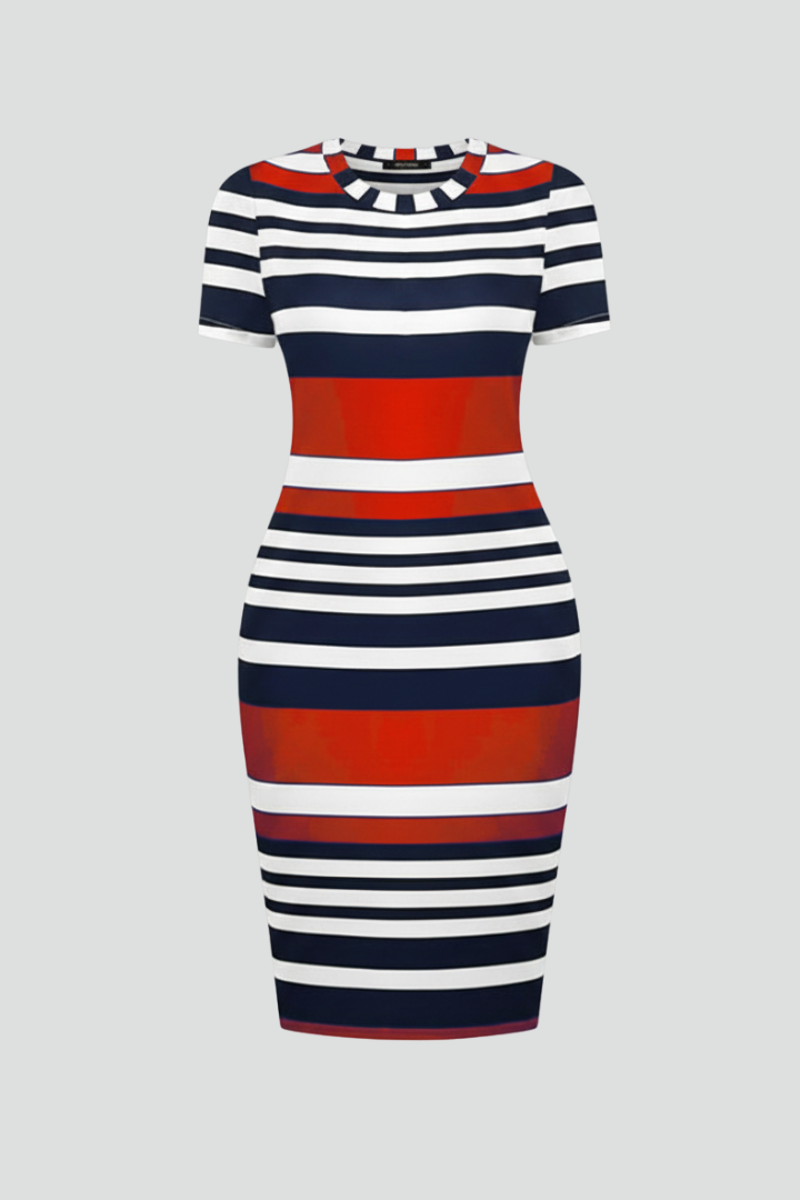 Women’s Knee-Length Dress with Stripe Pattern and Short Sleeves