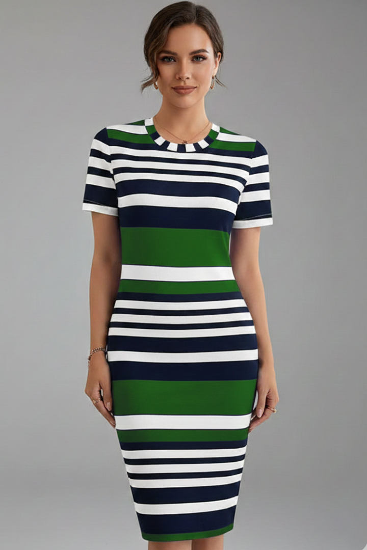 Women’s Knee-Length Dress with Stripe Pattern and Short Sleeves