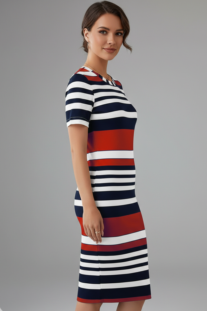 Women’s Knee-Length Dress with Stripe Pattern and Short Sleeves