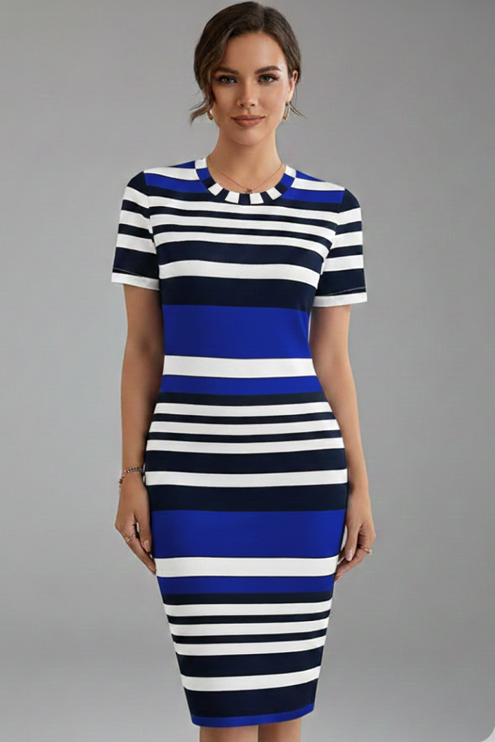 Women’s Knee-Length Dress with Stripe Pattern and Short Sleeves