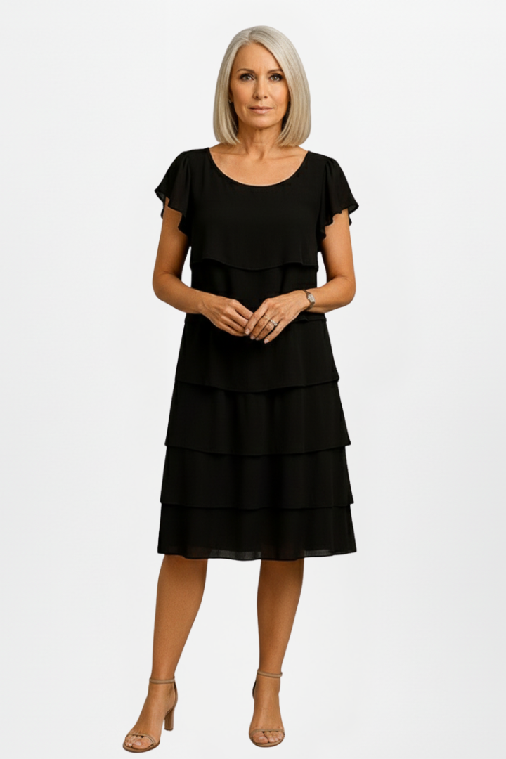 Women’s Knee-Length Dress with Tiered Layers and Short Sleeves