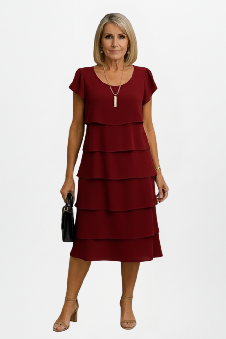 Women’s Knee-Length Dress with Tiered Layers and Short Sleeves