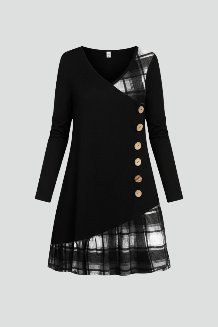 Women’s Knee-Length Dress with V-Neck and Long Sleeves