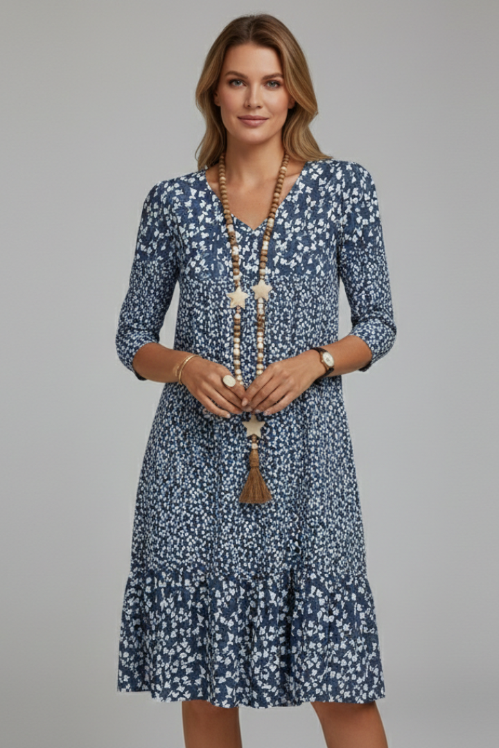 Women’s Knee-Length Dress with V-Neck and Three-Quarter Sleeves