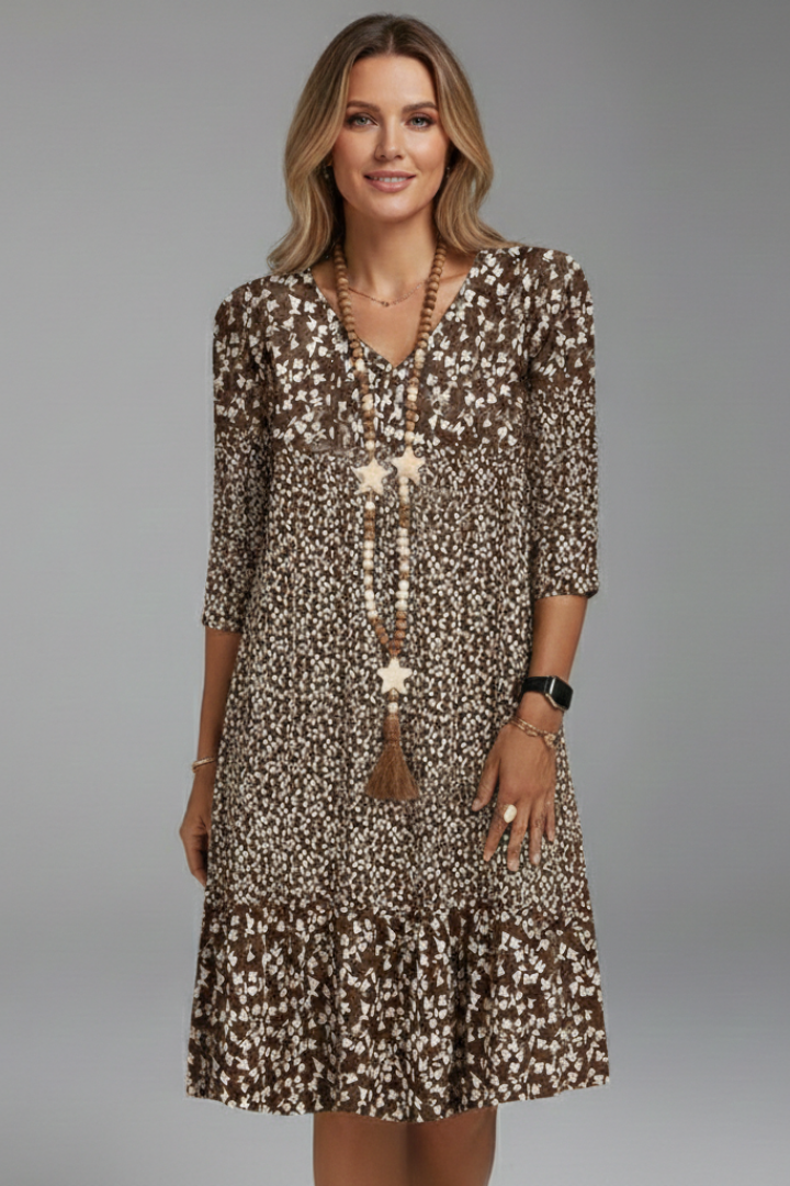 Women’s Knee-Length Dress with V-Neck and Three-Quarter Sleeves