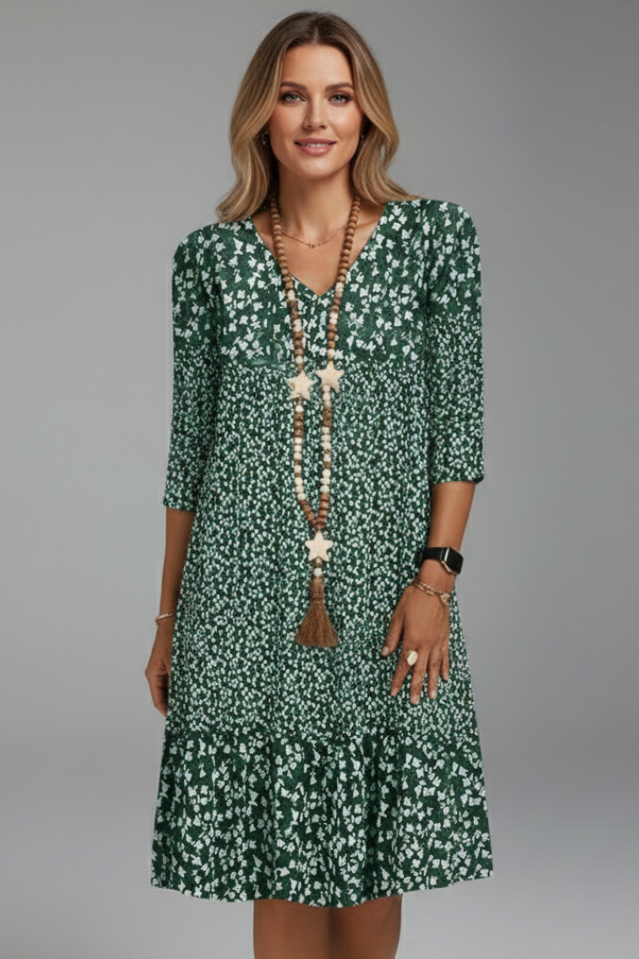 Women’s Knee-Length Dress with V-Neck and Three-Quarter Sleeves
