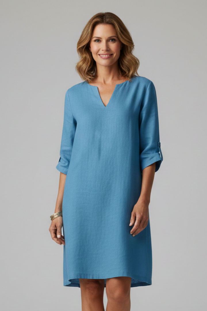 Women’s Knee-Length Dress with V Neckline and Three-Quarter Sleeves